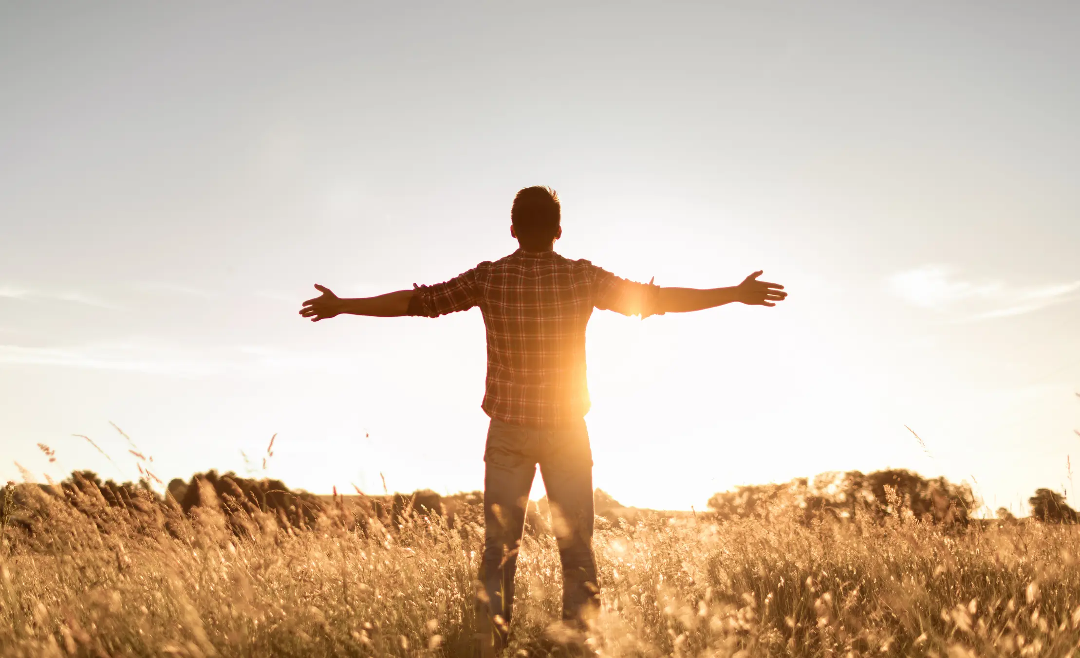 Person in field with open arms, sunrise.