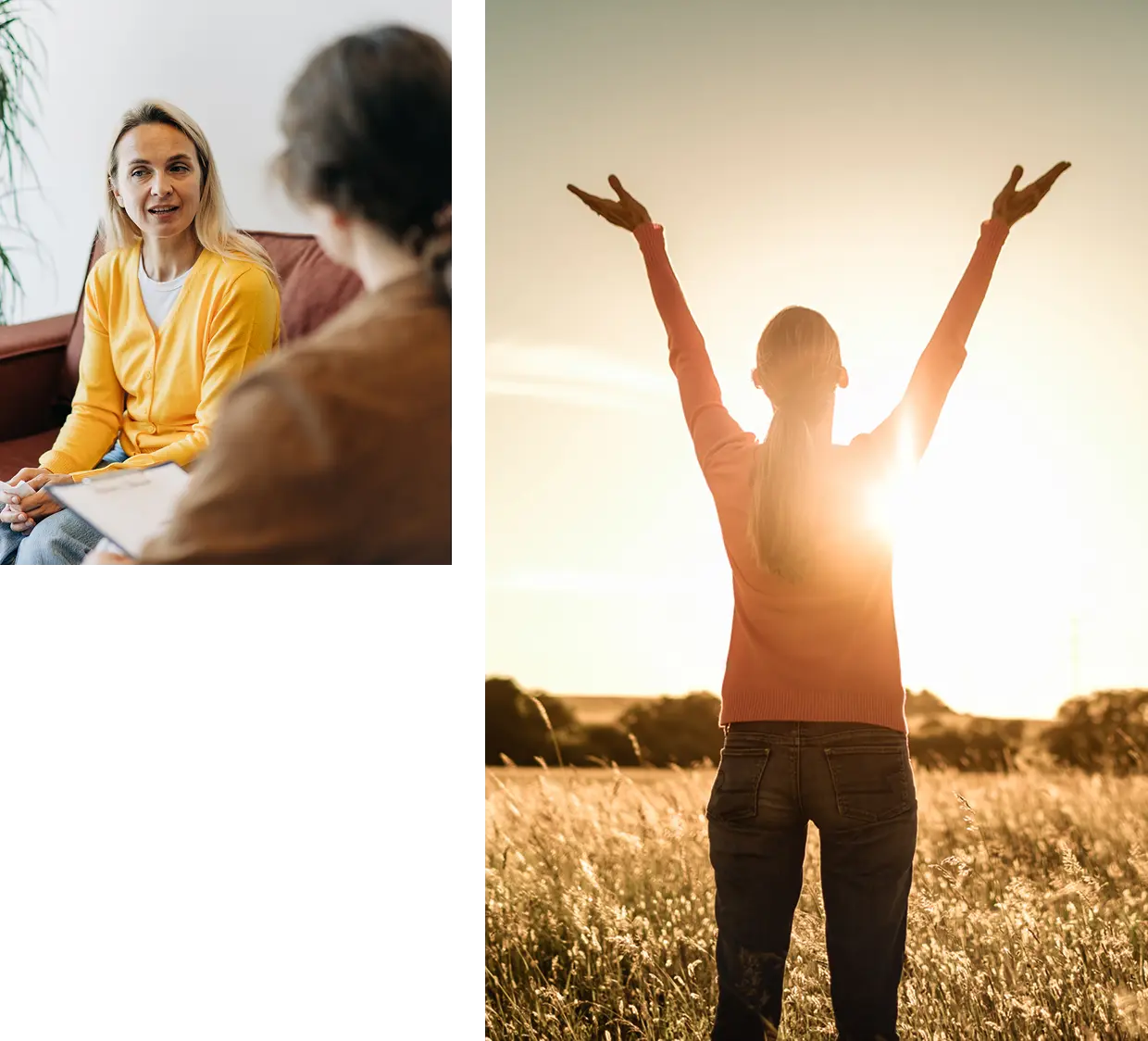 Woman conversing; woman celebrating sunset outdoors.