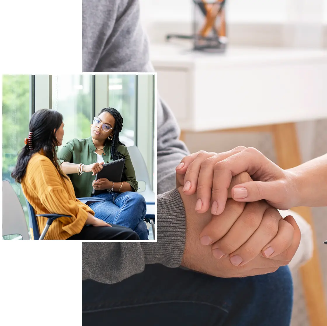 People holding hands and having a discussion.